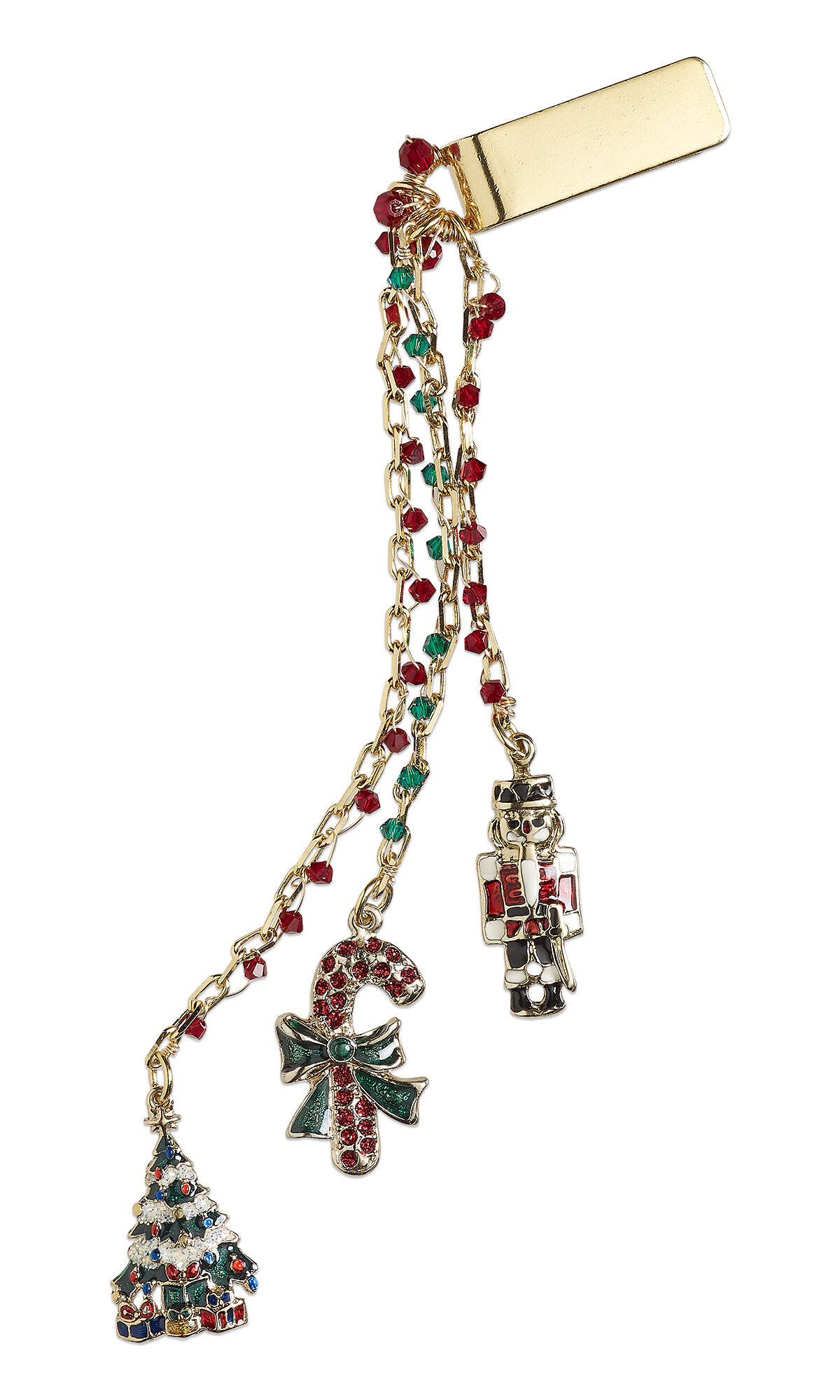 Design Idea S H 2 6, a bookmark featuring gold-finished paperclip chain accented with Siam and emerald Crystal Passions&reg; bicones, finished with dangling nutcracker, candy cane and Christmas tree charms attached to a gold-plated bookmark clip.