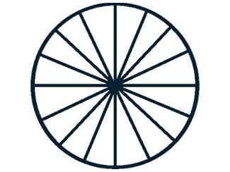 White circle divided into 16 triangular sections using black lines, like pie or pizza slices