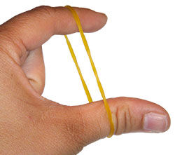 Stretching a rubber band with the thumb and index finger