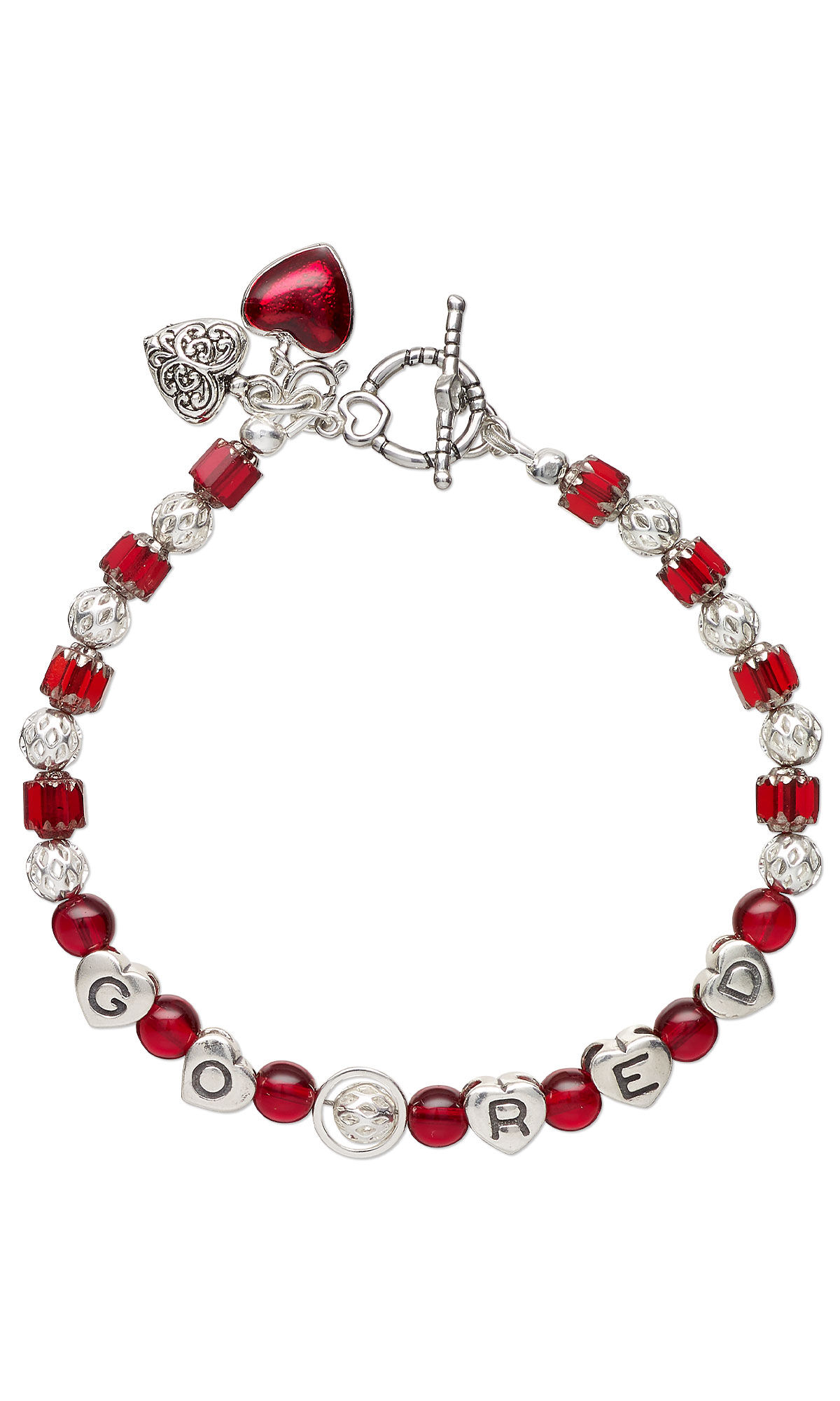Design Idea R B 2 M - bracelet with round and square red glass beads, silver beads, and silver heart beads with letters spelling "Go Red."