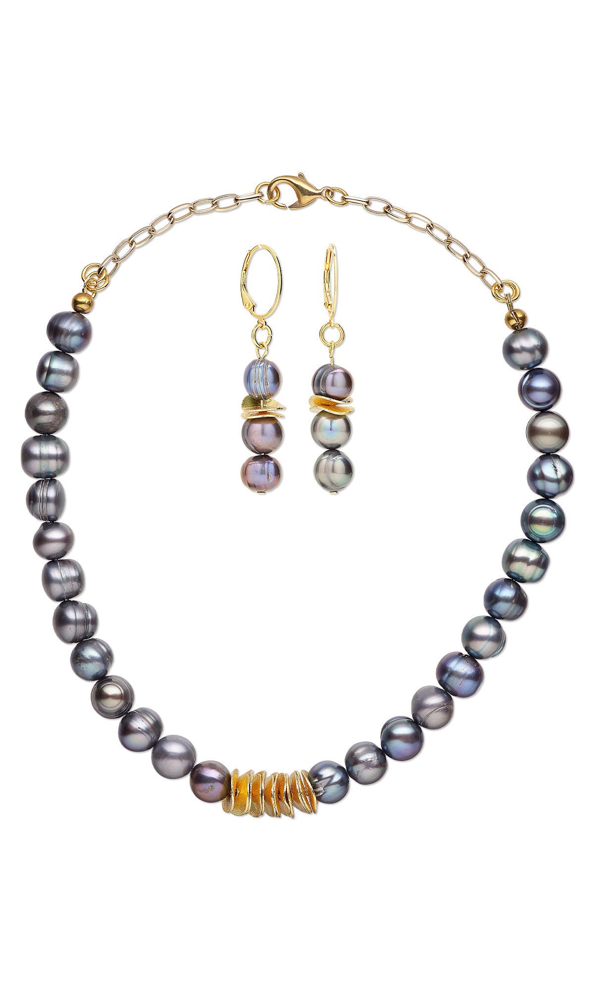 Design Idea R N 2 K  &ndash; Single-strand necklace and earring set features blue-violet pearls and gold wavy discs