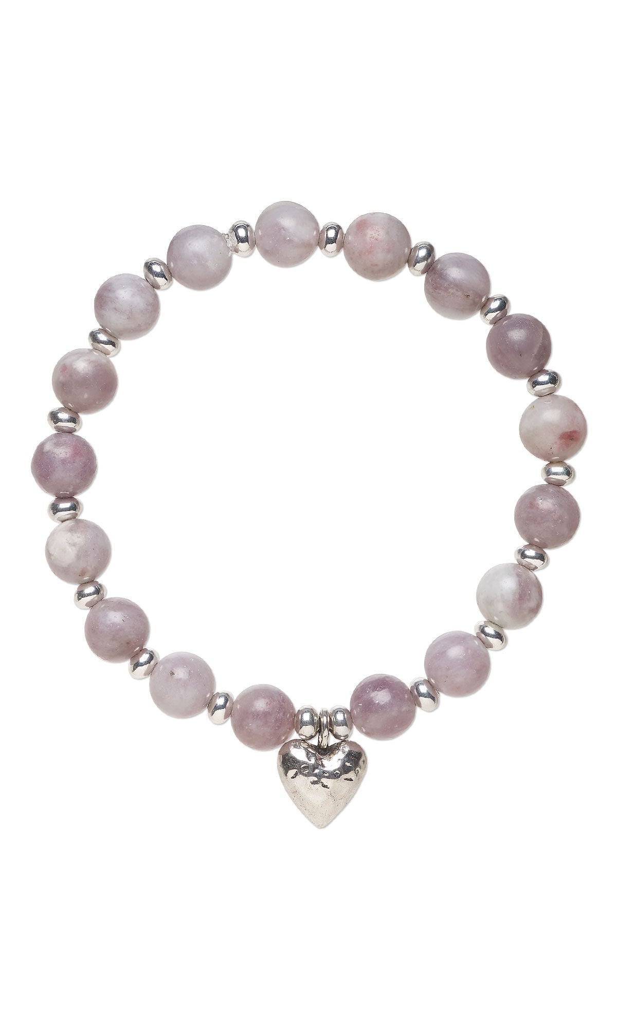 Design Idea S K 2 9 &ndash; Stretch bracelet made with lilac stone quartz gemstone beads, silver-plated brass beads and a silver-finished &ldquo;pewter&rdquo; puffed heart charm