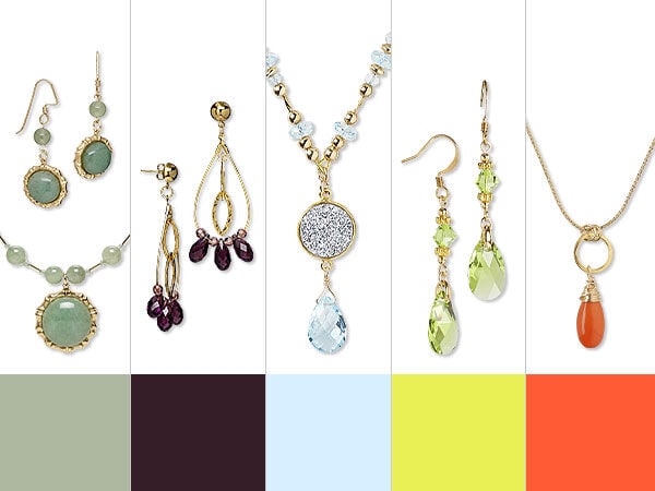 Jewelry designs and color swatches in five hues: jade, plum noir, cool blue, wasabi and persimmon