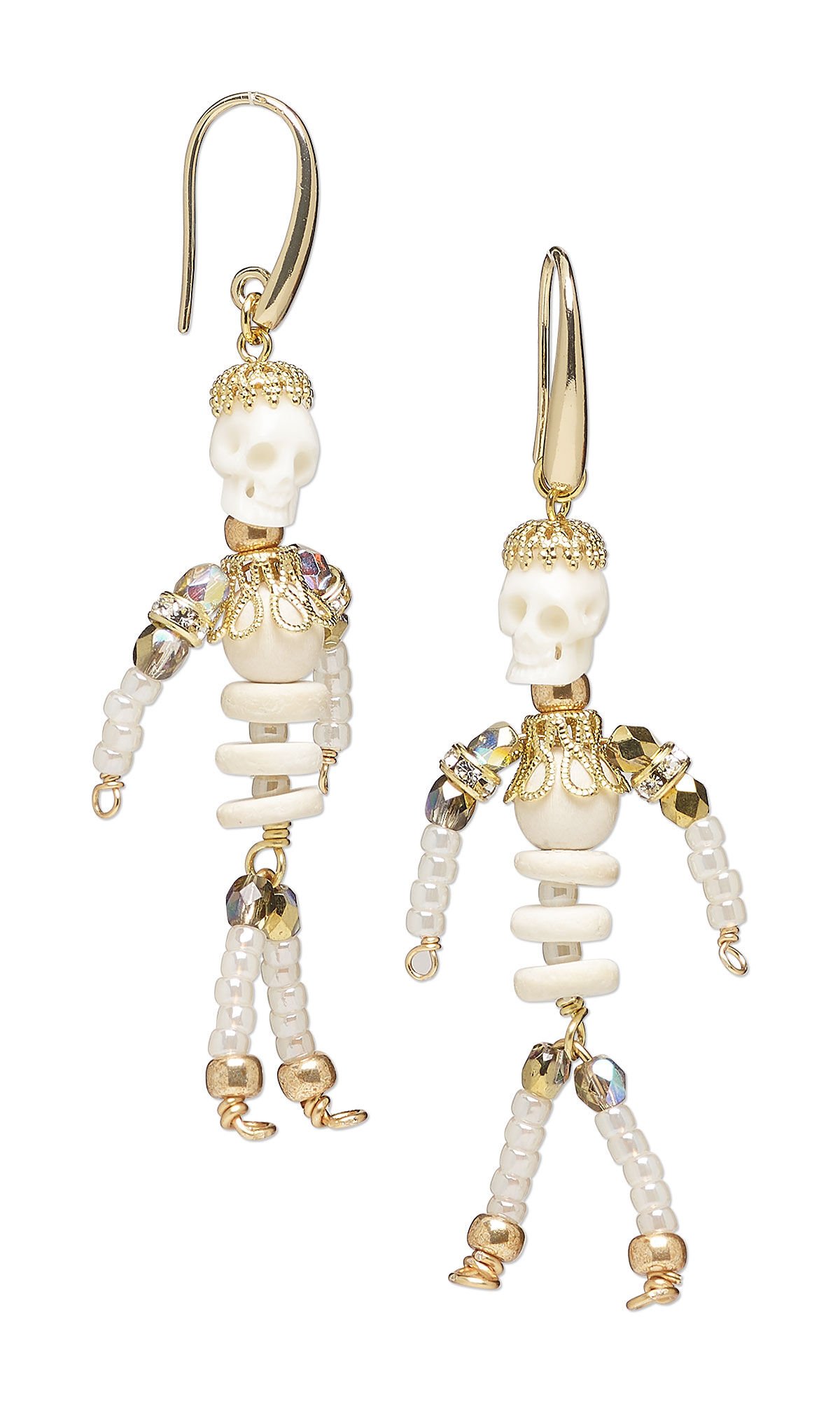 Design Idea S K 2 8 &ndash; Skeleton earrings made with bone skull beads, TOHO BEADS&reg; seed beads, wood beads and gold-plated findings