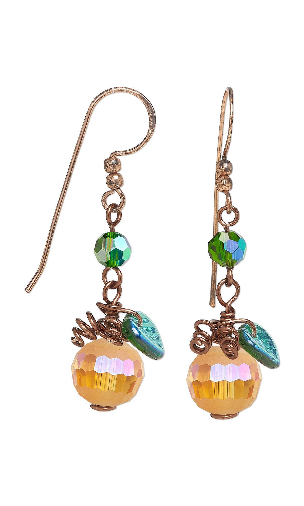 Design Idea R M 2 7 - Earrings feature a small faceted green bead dangling from a copper-colored fishhook ear wire. Below the green bead is copper wireworking serving as vines, a green leaf bead, and a larger peach-hued faceted bead representing a piece of fruit.