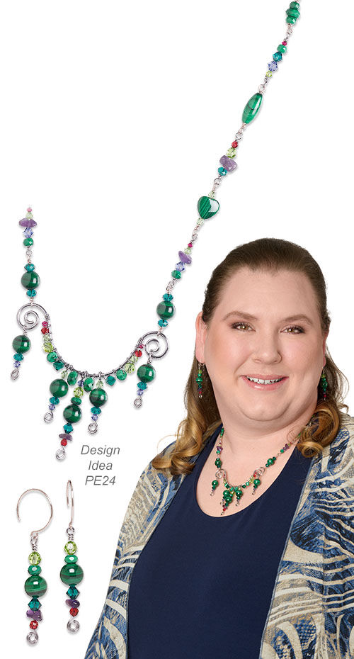 Model wearing hoop earrings made with lapis lazuli beads