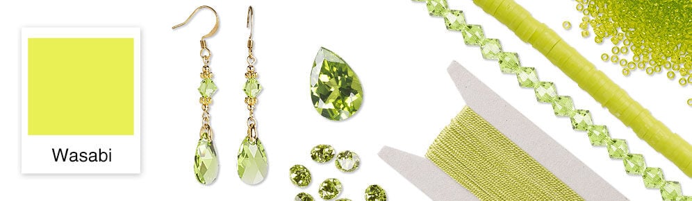 Color swatch, necklace and assorted beads, cord and crystals in the Wasabi hue.