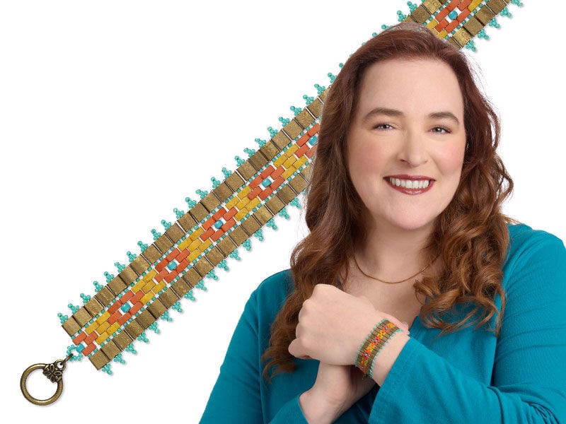 Model wearing bracelet made with a toggle clasp