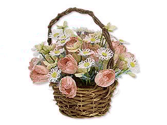 Design Idea J 1 5 2 - Beaded pink tulips and white daisies in a brown wicker basket