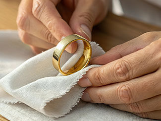 A gold ring being polished with a cloth