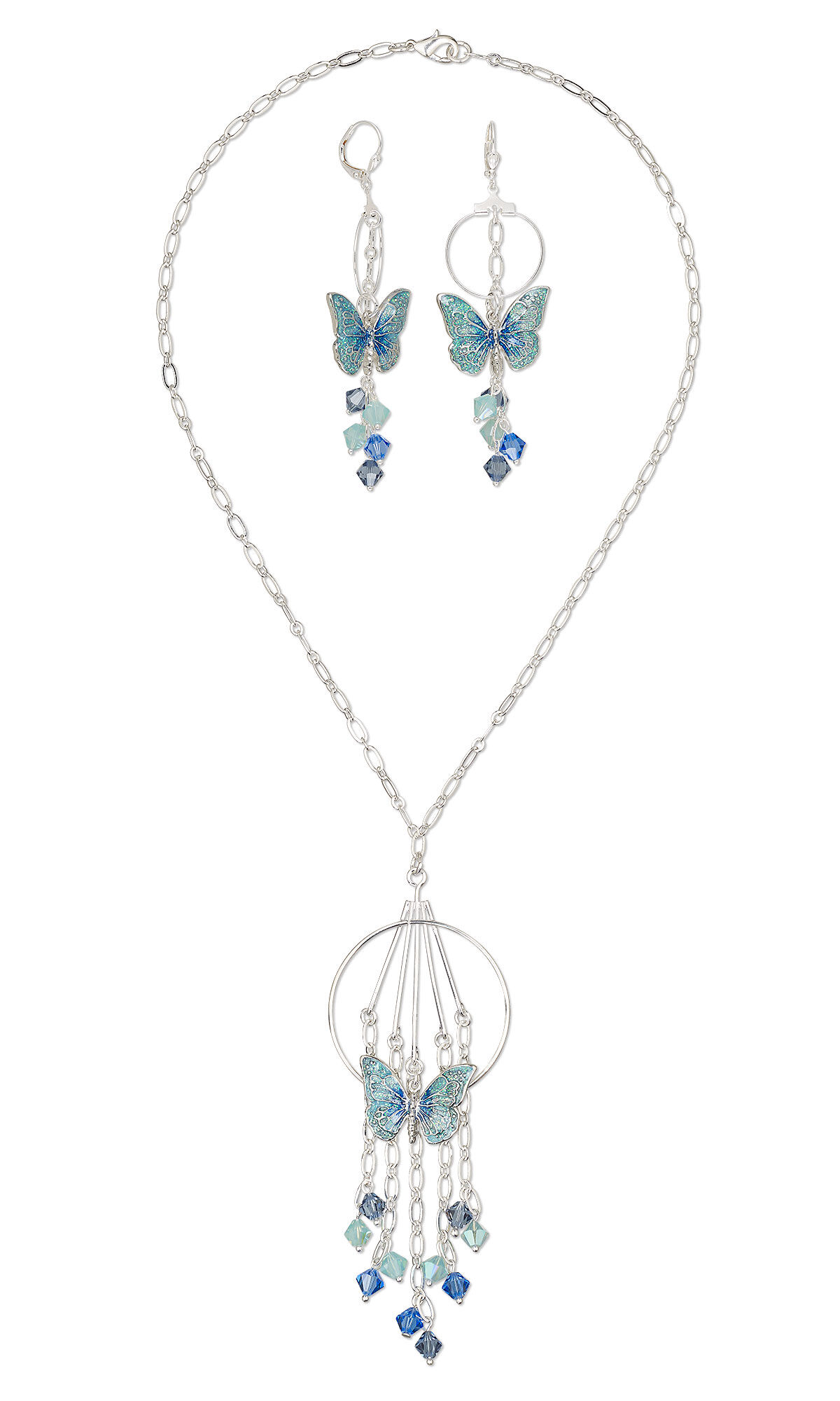 A chain necklace with blue butterfly charms and silver hoop findings
