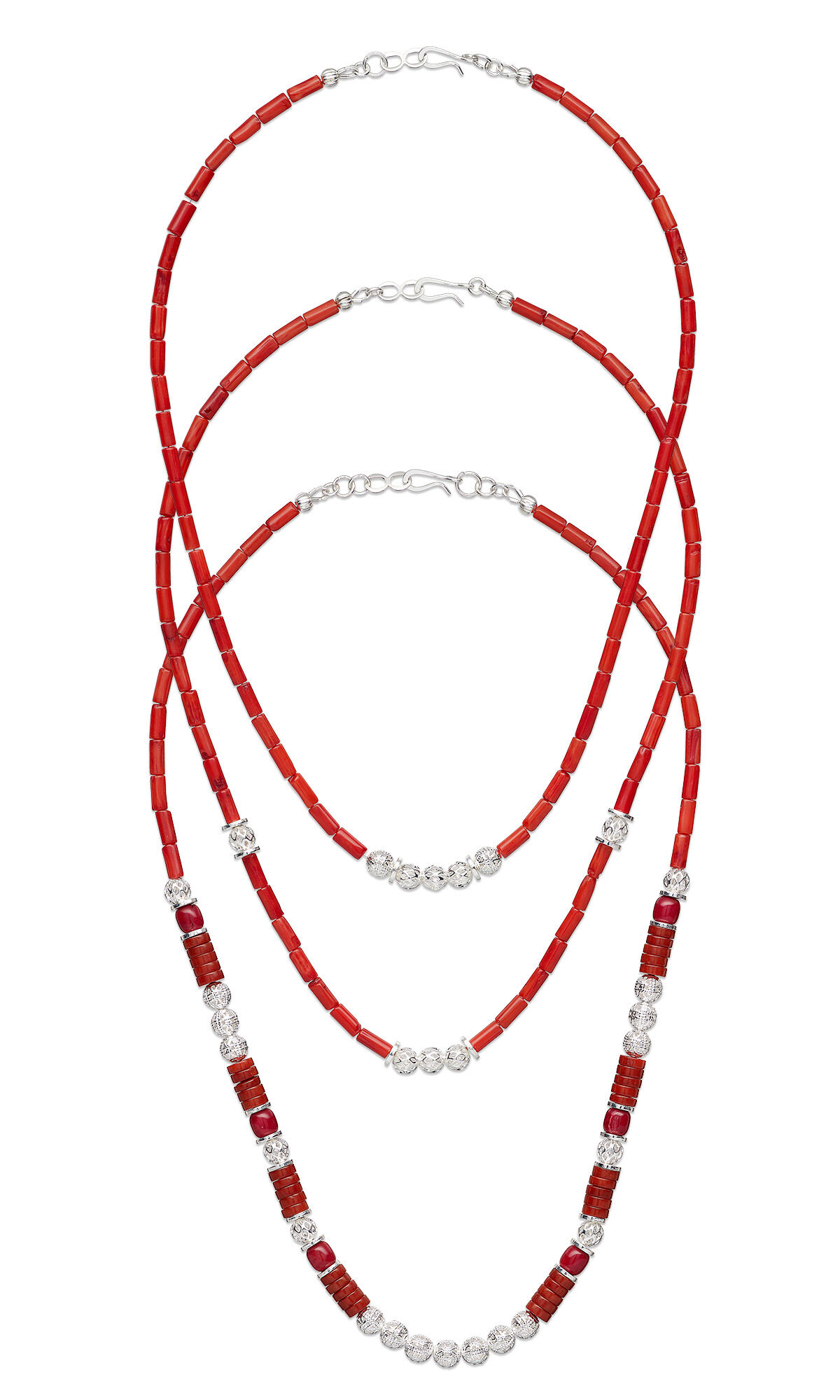 Design Idea RD37, triple-strand necklace, coral beads, silver-plated brass beads, accu-flex beading wire