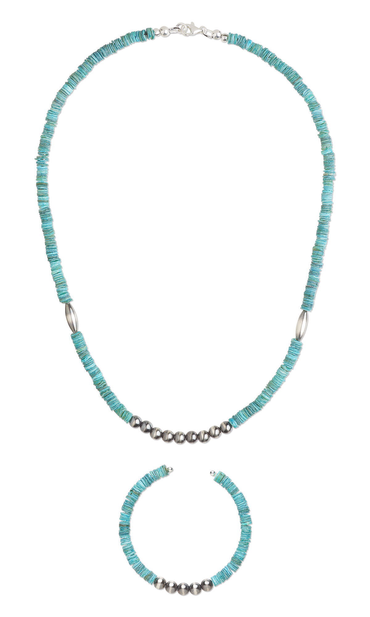 Design Idea S F 2 5 &ndash; Necklace is a strand of turquoise blue flat shell beads. In the center of the necklace are nine round silver beads. Two long oval silver beads are on either side of the necklace. The bracelet is a memory-wire cuff featuring the same turquoise blue flat shell beads with five round silver beads at the center.