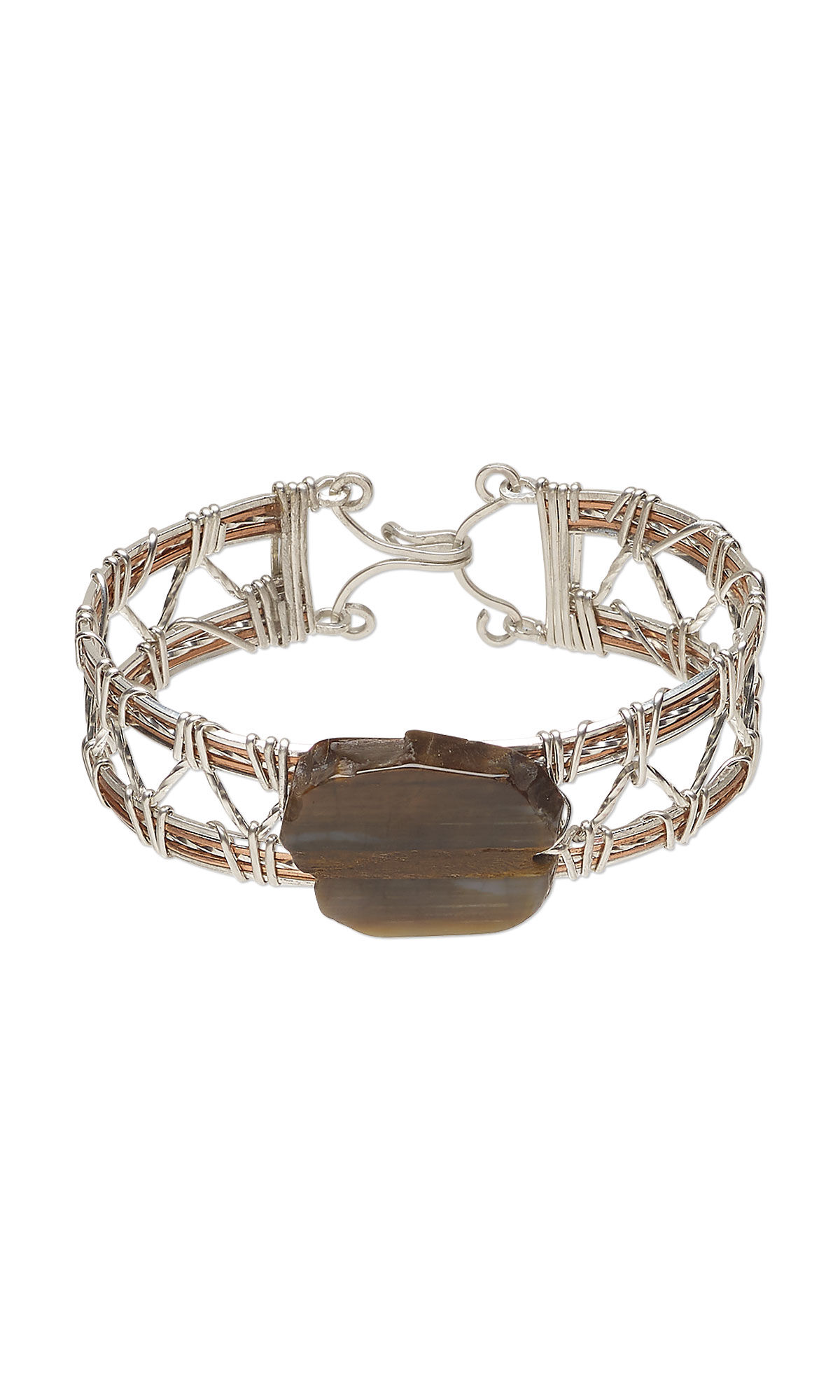 Design Idea R J 3 B - Cuff bracelet has a freeform flat piece of petrified wood for a centerpiece and is made of multiple strands of copper wire held together by sterling silver wireworking.