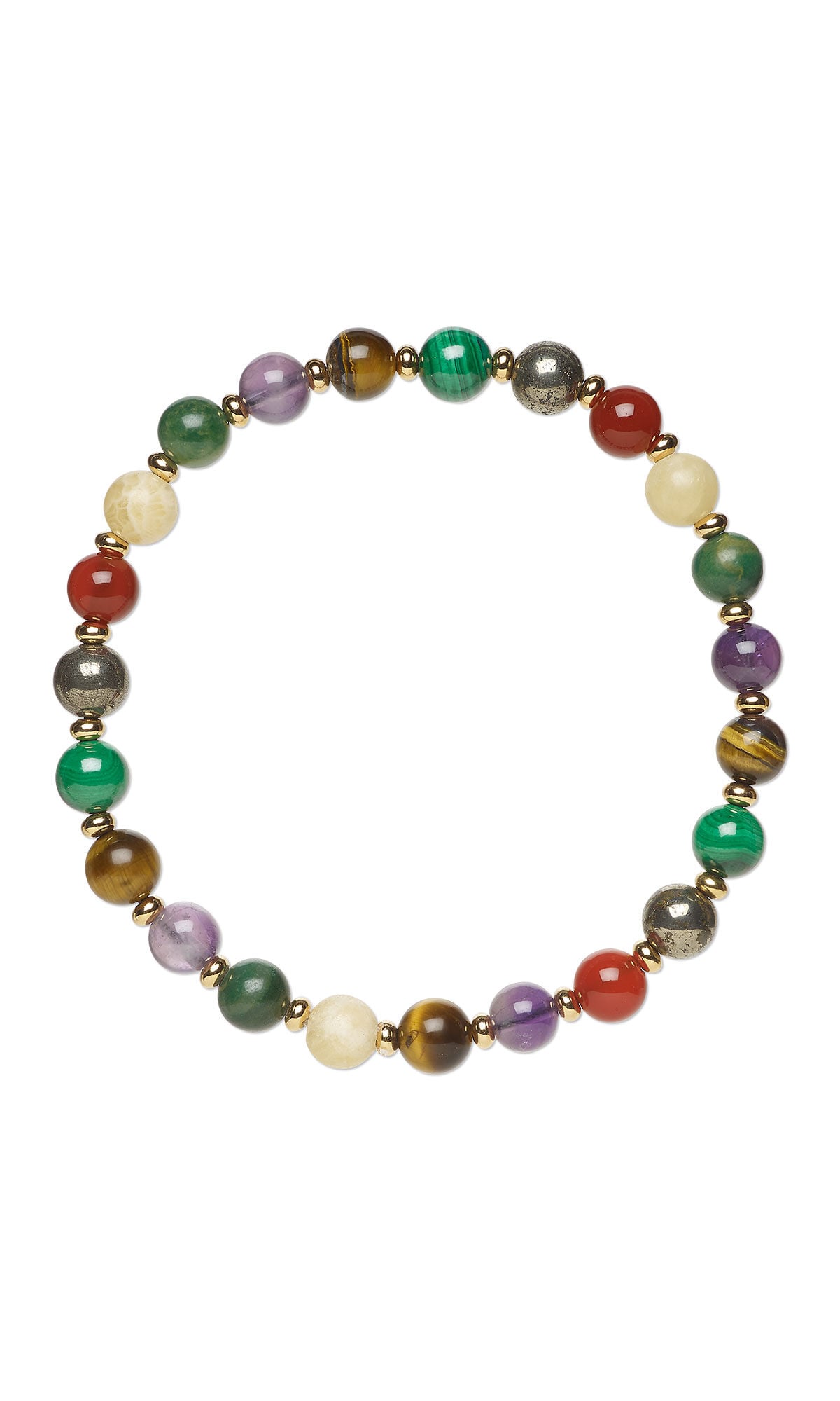 Design Idea S F 2 H, a stretch bracelet featuring round gemstone beads including amethyst, carnelian, African aventurine, tiger eye, pyrite, yellow calcite and malachite accented with gold-plated brass rondelle spacer beads on black Powercord&reg;.