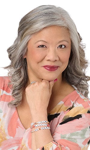 woman in a multicolored top with hand on chin wearing Five-Piece Bracelet Set with Preciosa Czech Crystal Beads, Acrylic Beads and Antique Silver-Plated ''Pewter'' Beads