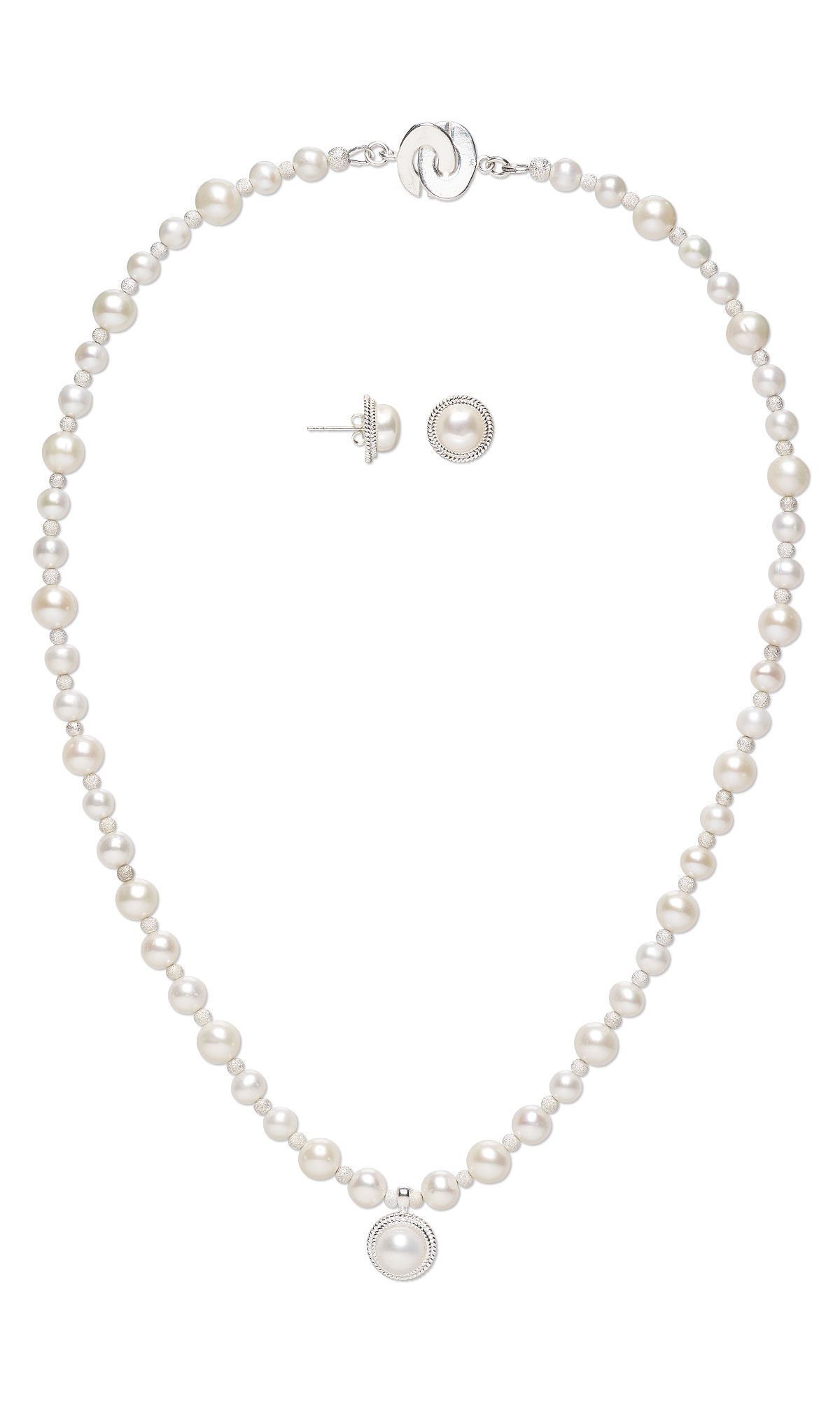 Design Idea H 3 3 K, a necklace and earrings set featuring white freshwater cultured button and semi-round pearls accented with stainless steel Stardust beads and finished with stainless steel findings and clasp.
