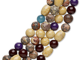 Design Idea G 1 1 R - Necklace with four strands of round and oval beads in shades of dark blue, aqua, beige, dark brown and speckled brown.