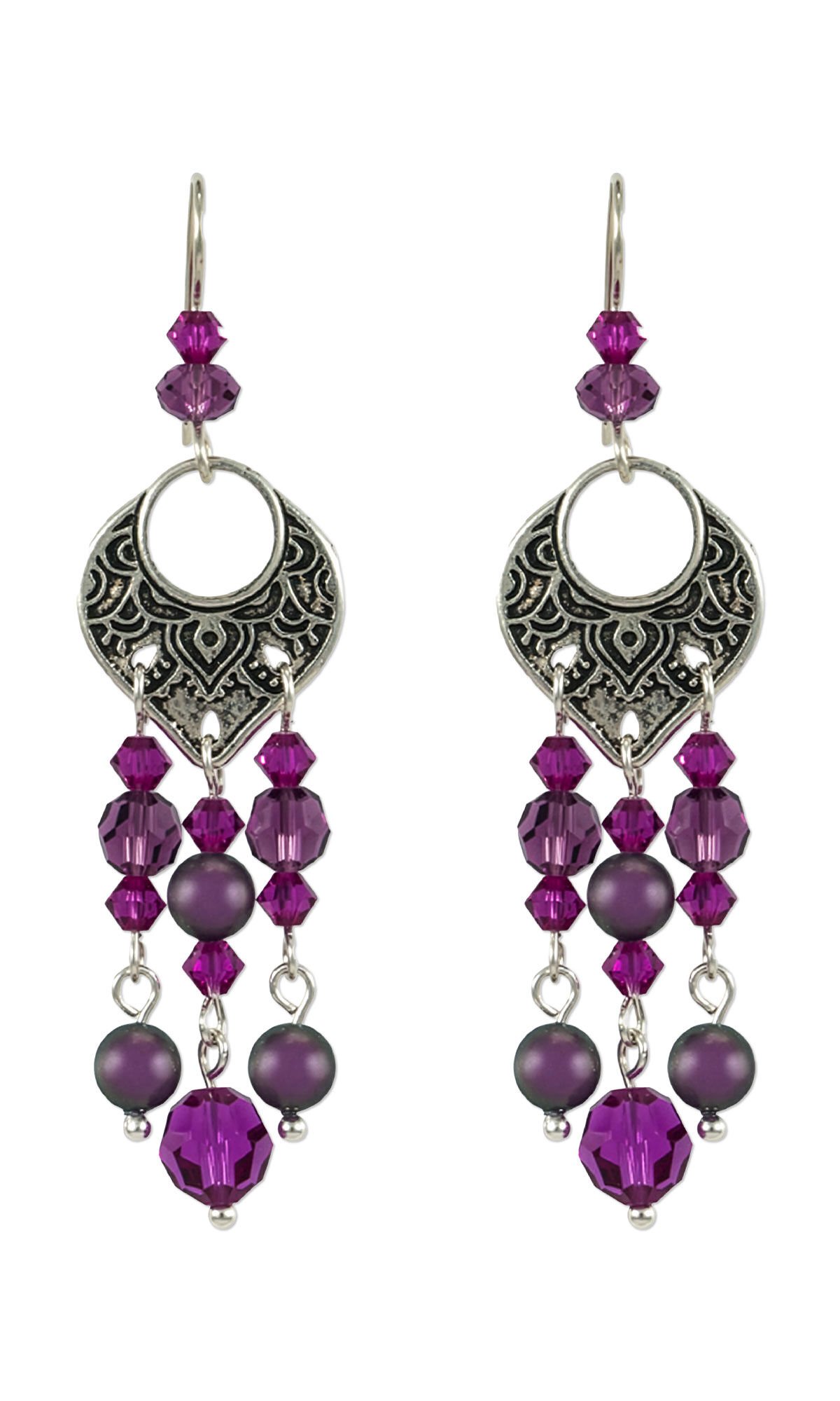 Design Idea R H 4 2 Fishhook earrings feature three strands of purple crystal beads dangling from an ornately decorated silver rounded square charm.