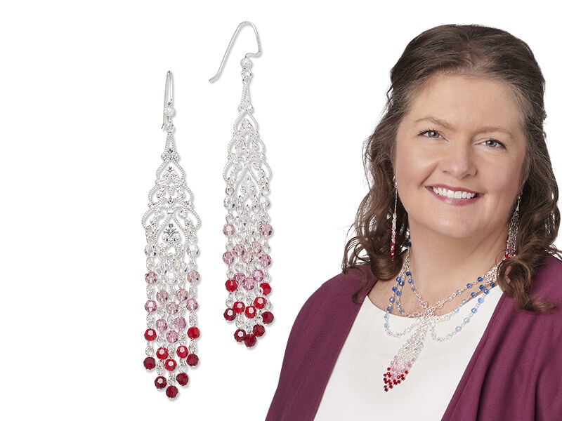 Model wearing earrings made with crystal passions beads