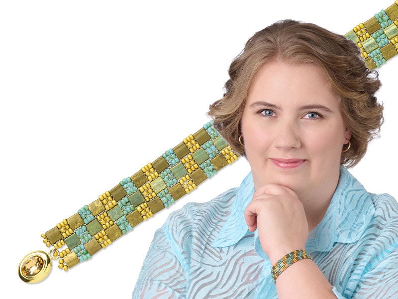 model wearing necklace made with miyuki seed beads
