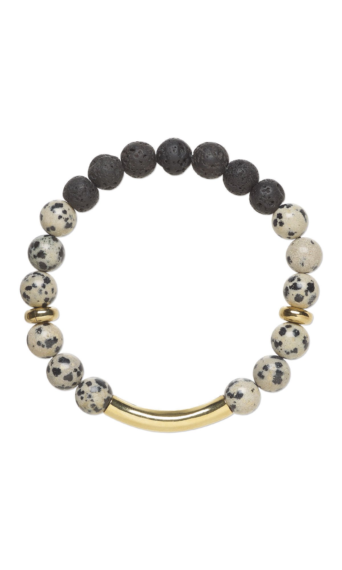 Design Idea S F 2 C, a stretch bracelet featuring 8mm round dalmatian jasper and lava rock beads accented with a gold-plated curved tube and smooth rondelle beads strung on black elastic cord.