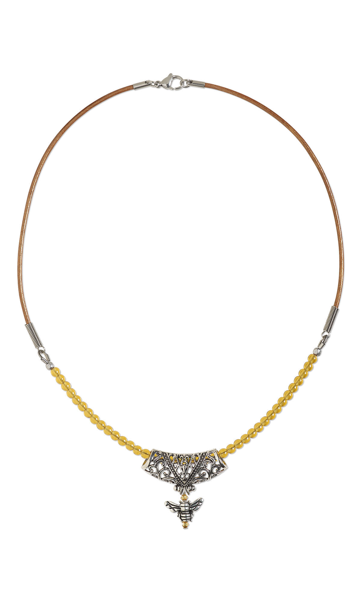 Beaded necklace with a metal tube and honeybee focal