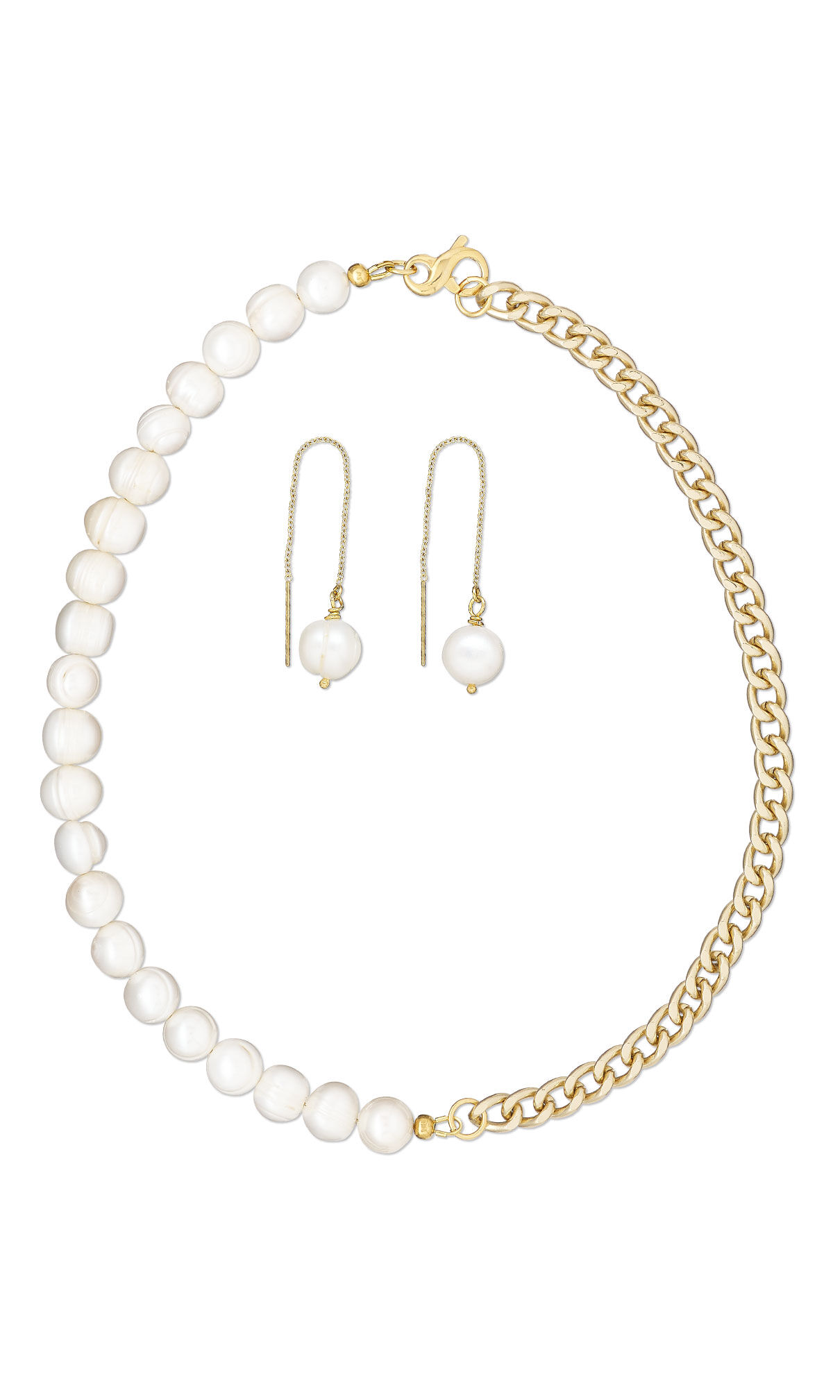 a half-pearl half-chain necklace and pearl drop earrings