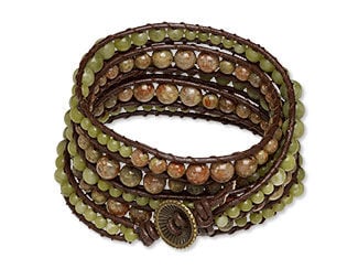Design Idea E 7 8 5 - Wide cuff bracelet with Green Serpentine Gemstone Beads, Autumn Jasper Gemstone Beads and Antiqued Brass-Finished "Pewter" Button