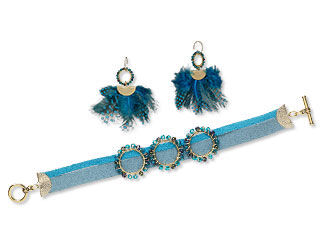 Design Idea MJ26 Bracelet and Earring Set with Guinea Feathers, Dyna-Mites™ Seed Beads and Suede Cord