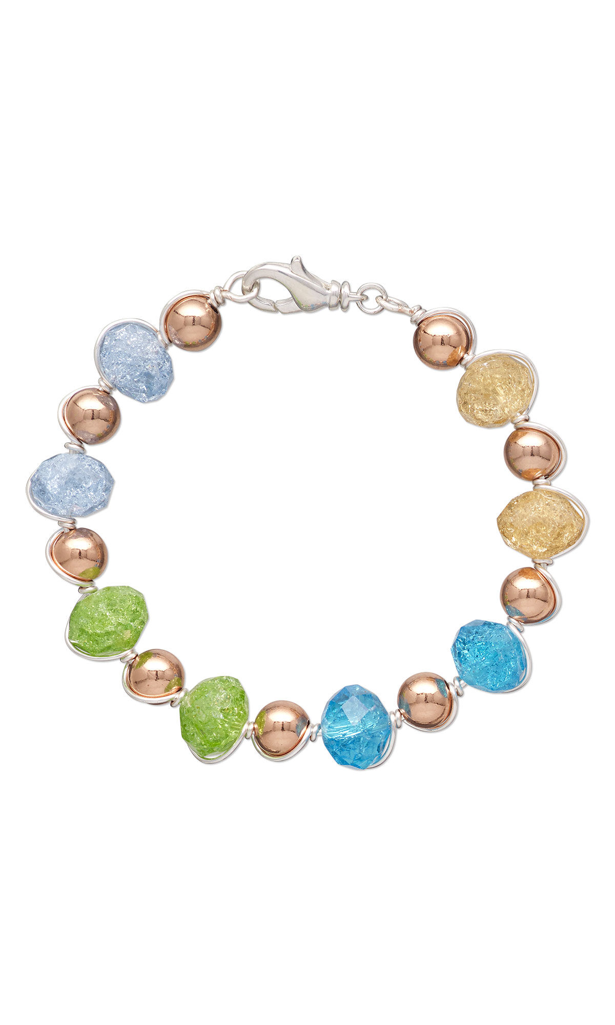 Wire wrap bracelet with glass and copper beads