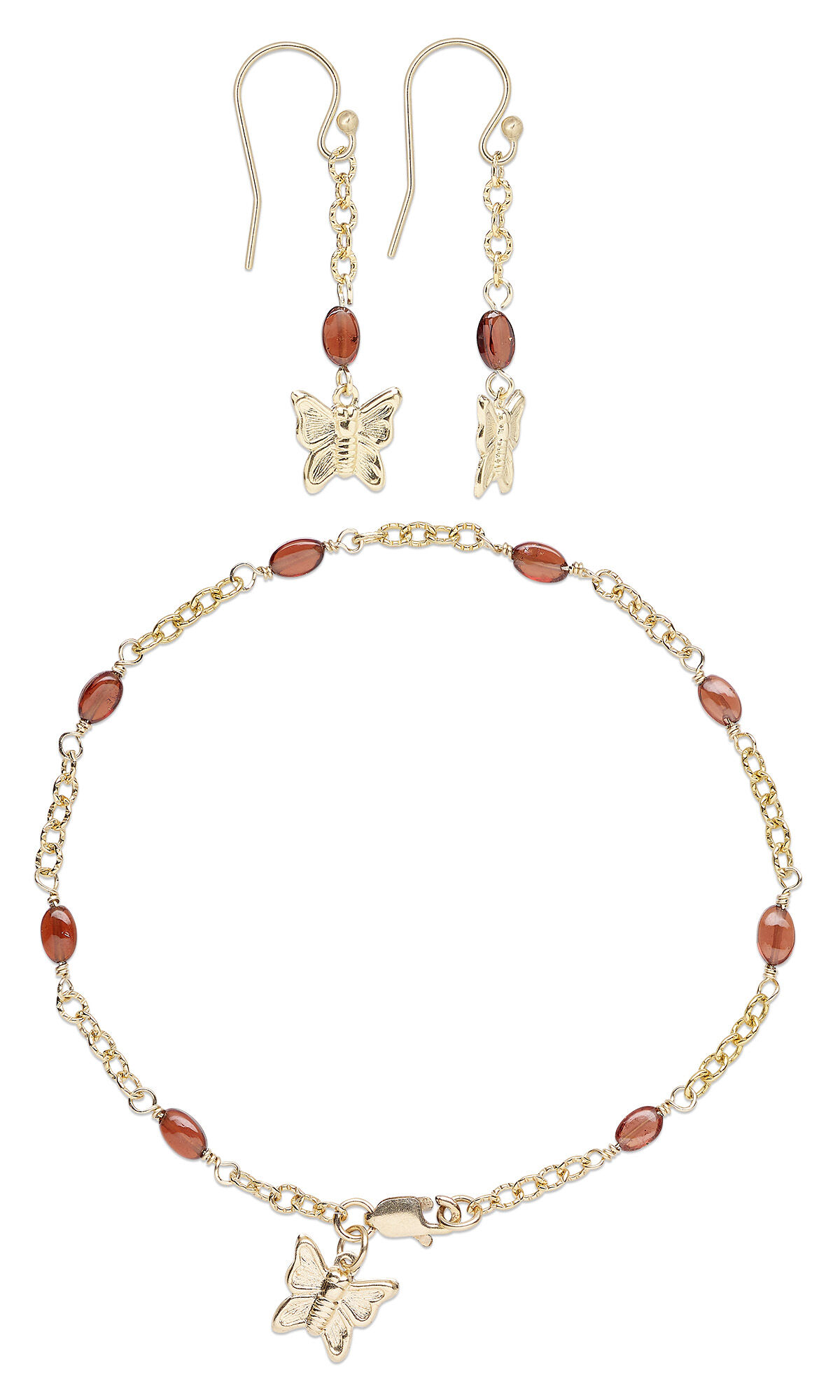 Design Idea R M 2 2 14Kt gold-filled chain bracelet and dangle earring set with sparsely spaced oval garnet beads and 14Kt gold-filled butterfly charm 
