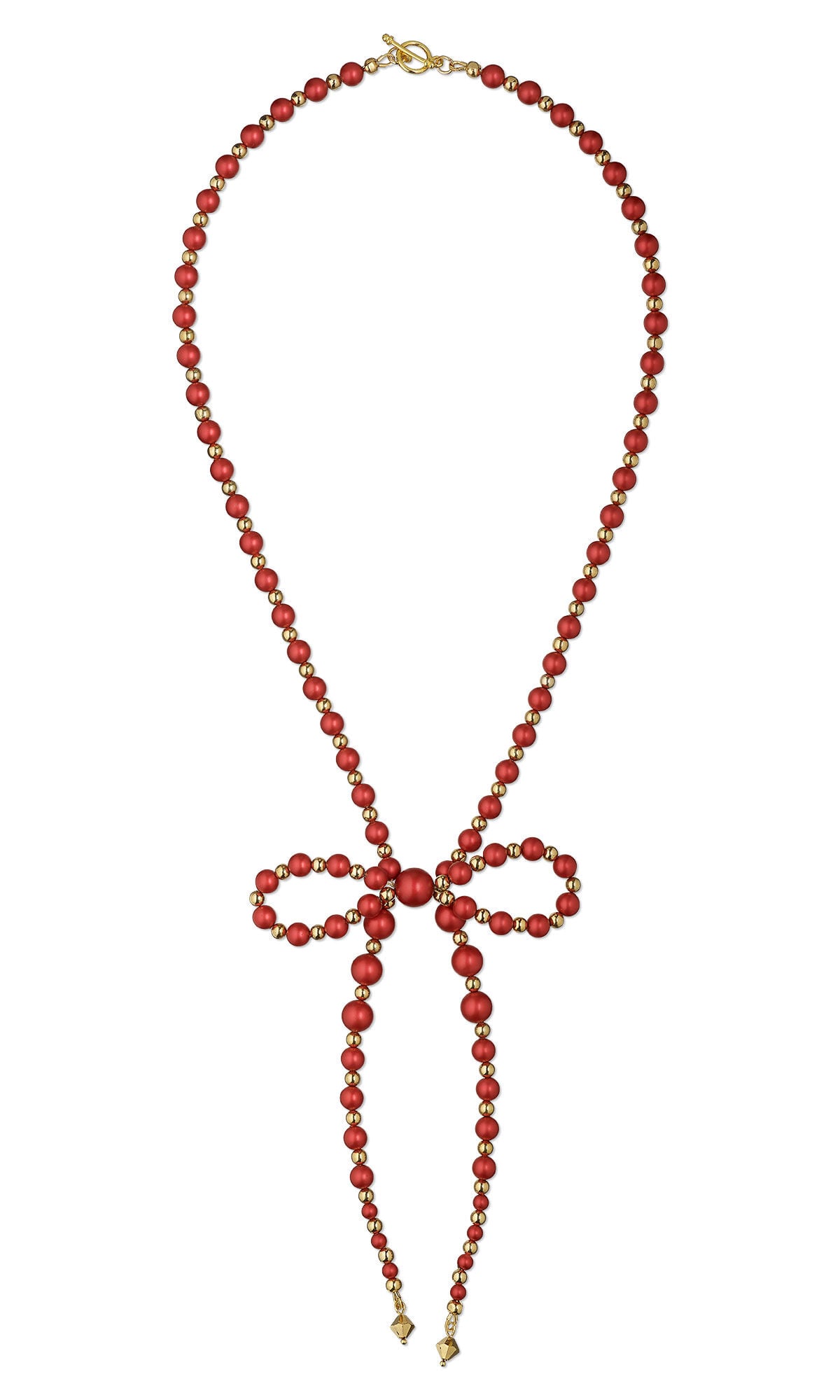 Design Idea S H 2 E &ndash; Necklace of alternating large burgundy crystal pearls and small gold-plated beads appears to be tied in a bow as a pendant. Tiny golden bicone beads dangle from the ends of the strands of the bow.