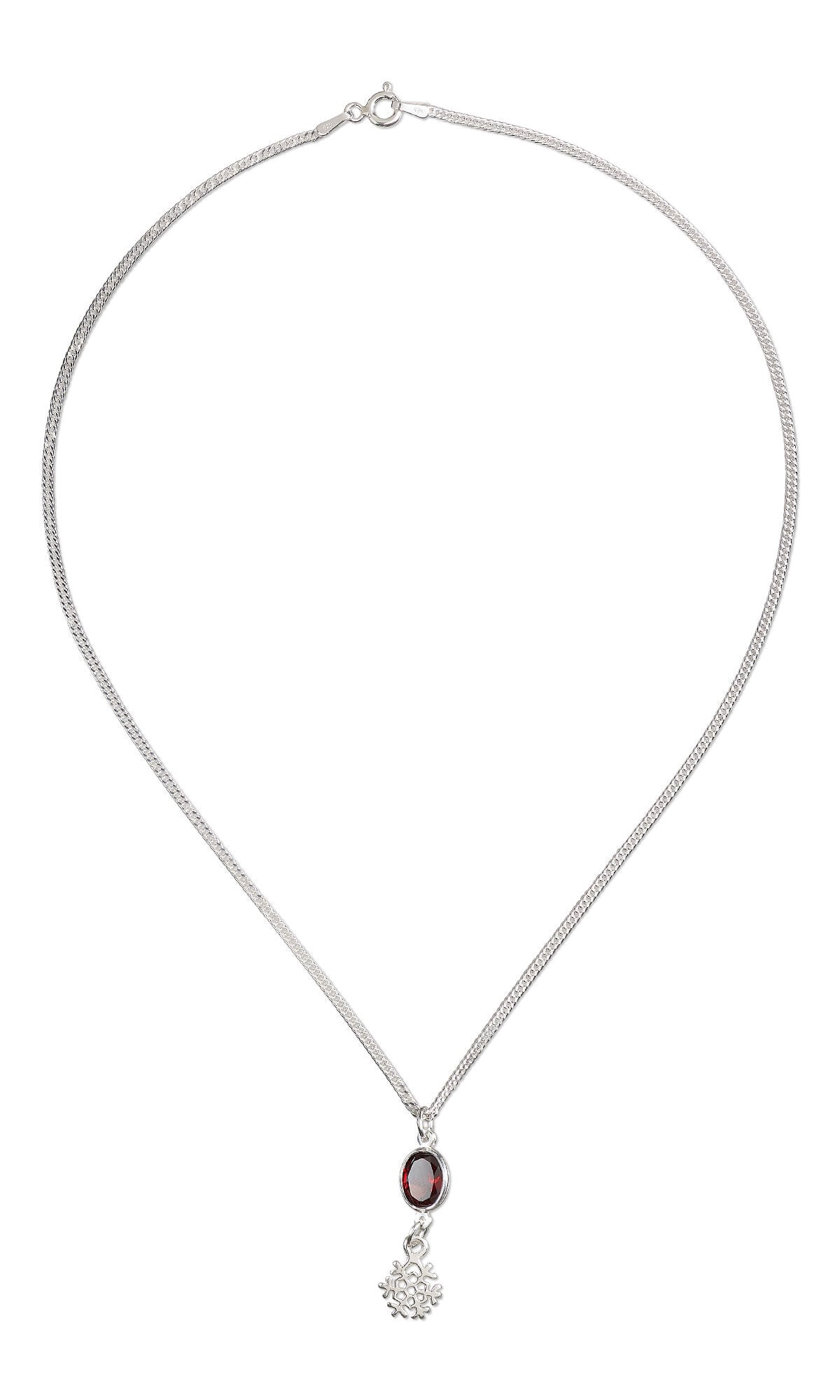 Design Idea S&ndash;M&ndash;2&ndash;2, a necklace featuring a hand-cut faceted oval almandite garnet gemstone set in a sterling silver bezel link, suspended from a sterling silver curb chain with a dangling open snowflake charm accent.