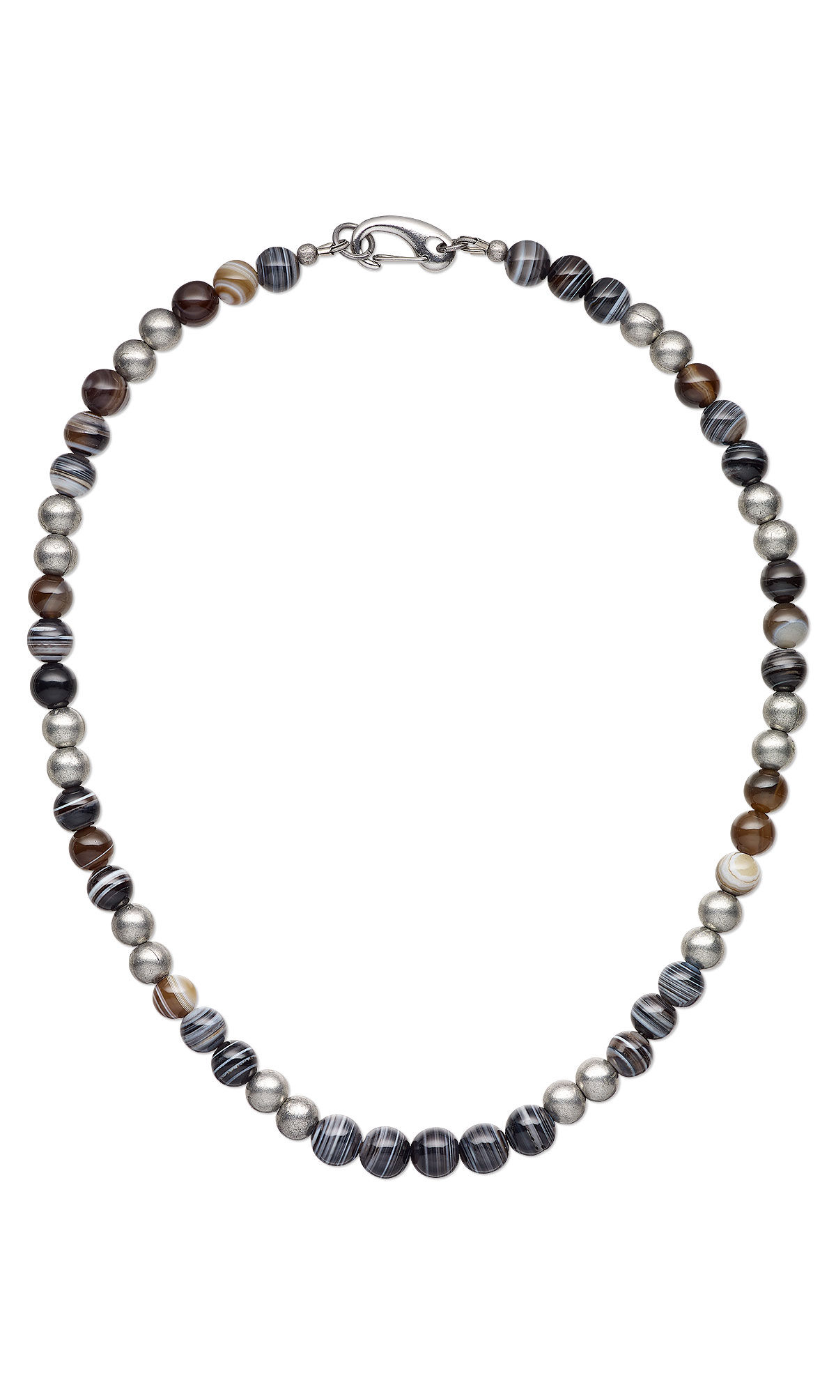 A collar-length beaded necklace composed of black and white striped sardonyx beads and glowing antique silver-plated round beads of the same size. Design Idea R G 2 V