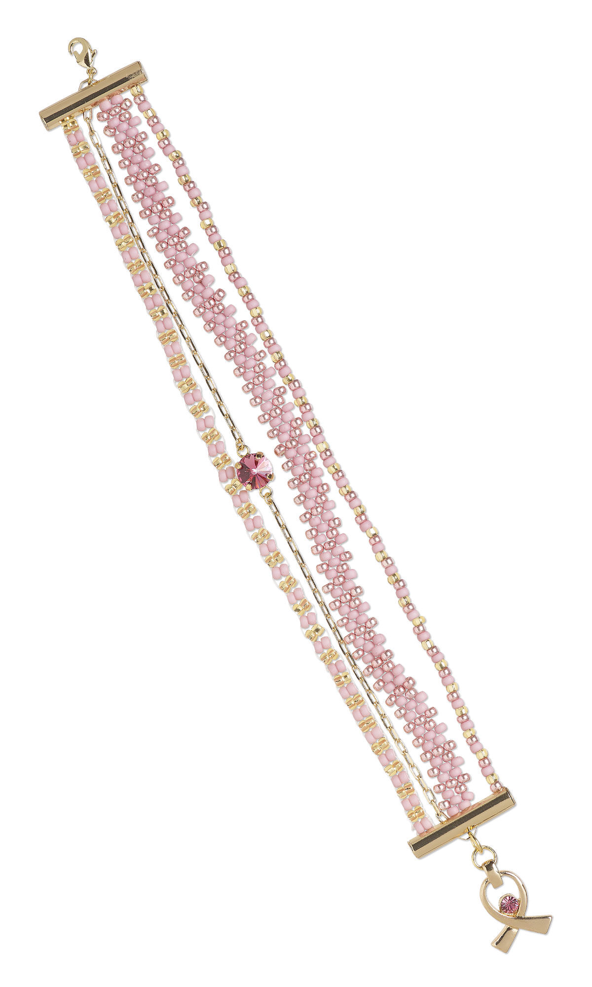 Design Idea S K 2 D &ndash; Multiple strand bracelet has pink woven seed beads, strung seed beads, and a chain strand with a pink crystal gemstone. The strands are linked by a gold-finished tube end bar.