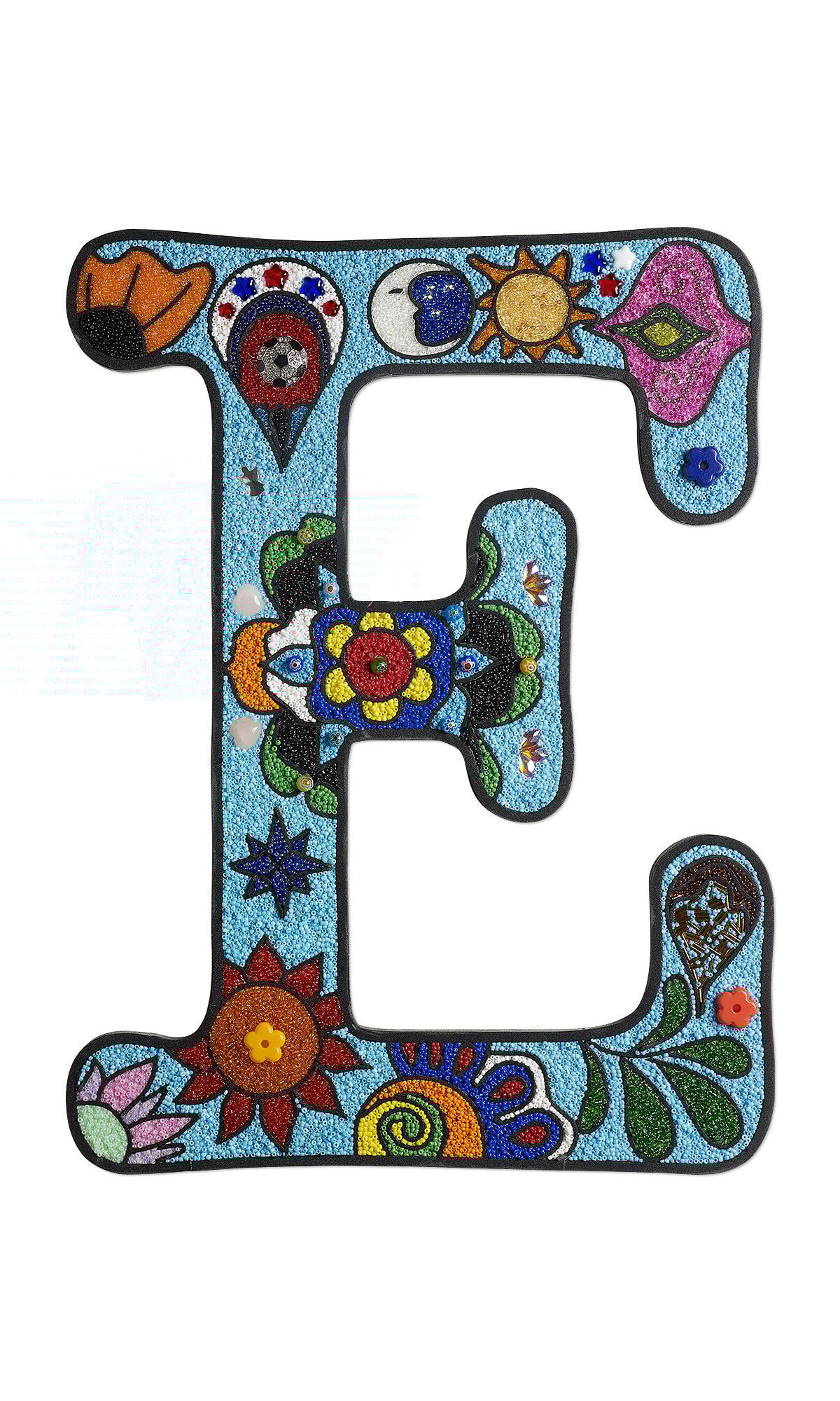 Design Idea R G 2 C Bead mosaic art shaped like the letter "E," composed of colorful beads arranged in a decorative pattern.