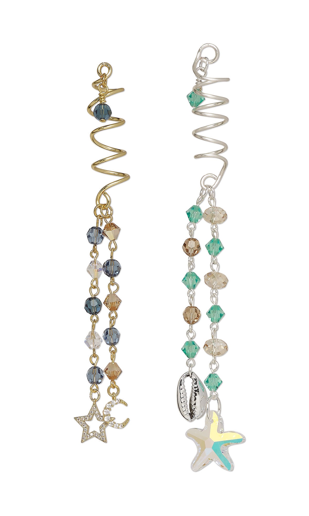 Design Idea S H 2 C &ndash; Hair charms have a silvery wire spiral at the top and strands of chain with blue, clear and yellow crystal beads ending in moon, star and cowrie shell charms.