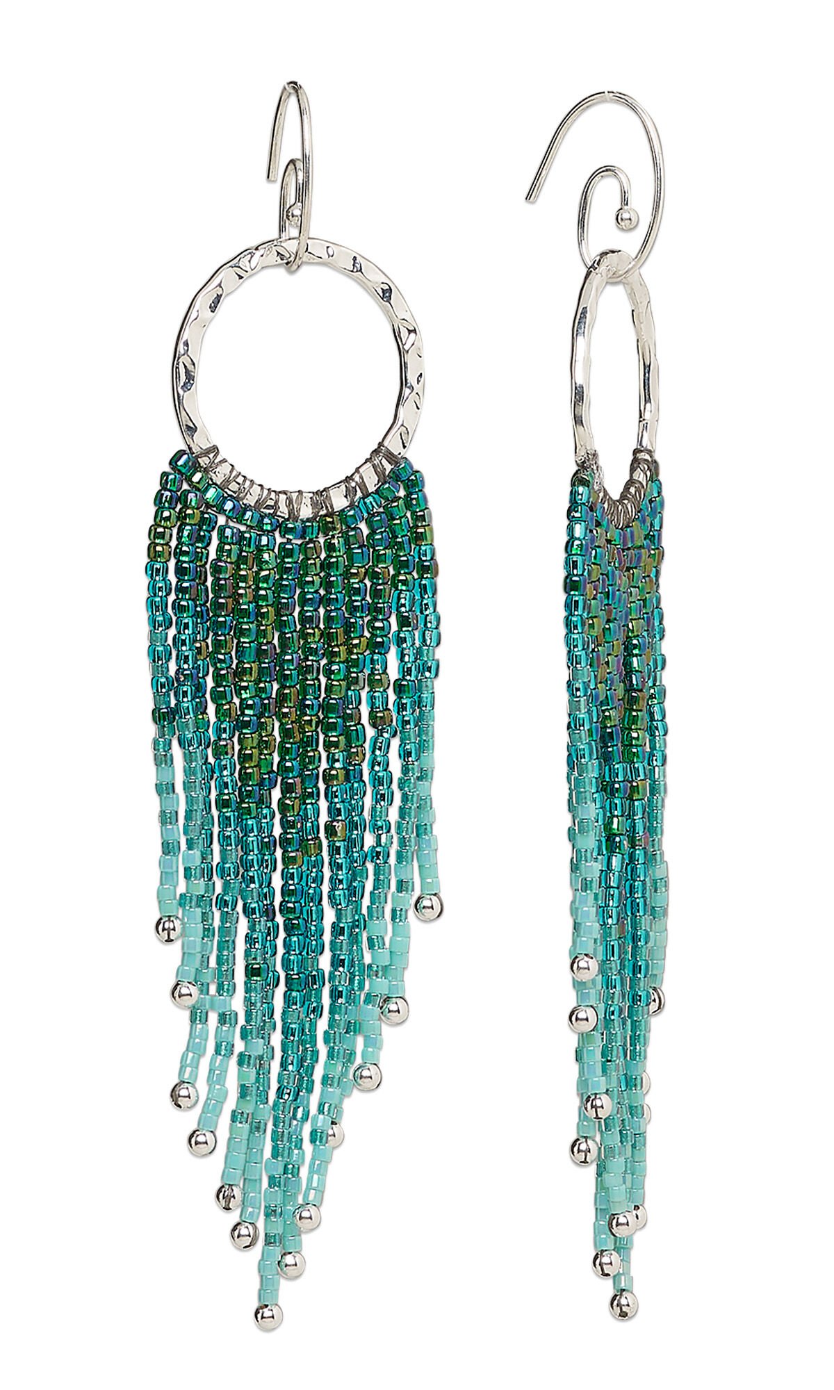 Design Idea R K 2 P &ndash; Earrings have seed beaded fringe in shades of dark to light teal descending from silver circle components. The fringe comes to a point in the center on each earring.