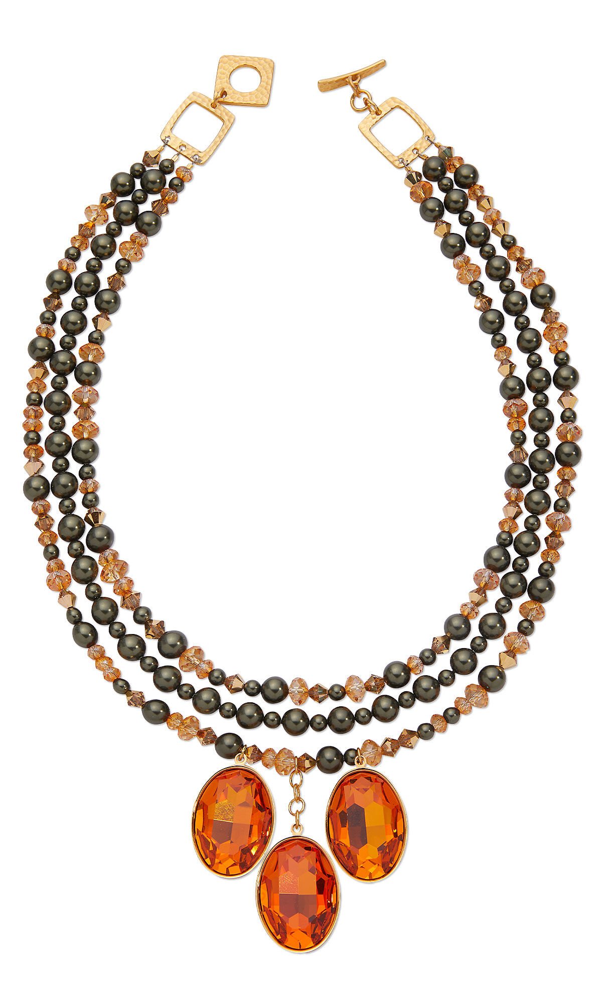 Design Idea R J 3 3 - necklace with three strands of grey crystal pearls and peach-hued crystal beads with three orange oval faceted crystal pendants side by side in the center.