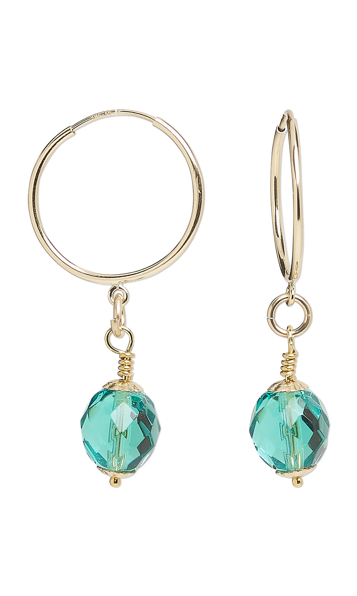 Design Idea R K 2 D - Gold hoop earrings have a single sparkling aqua crystal drop dangling from each hoop.