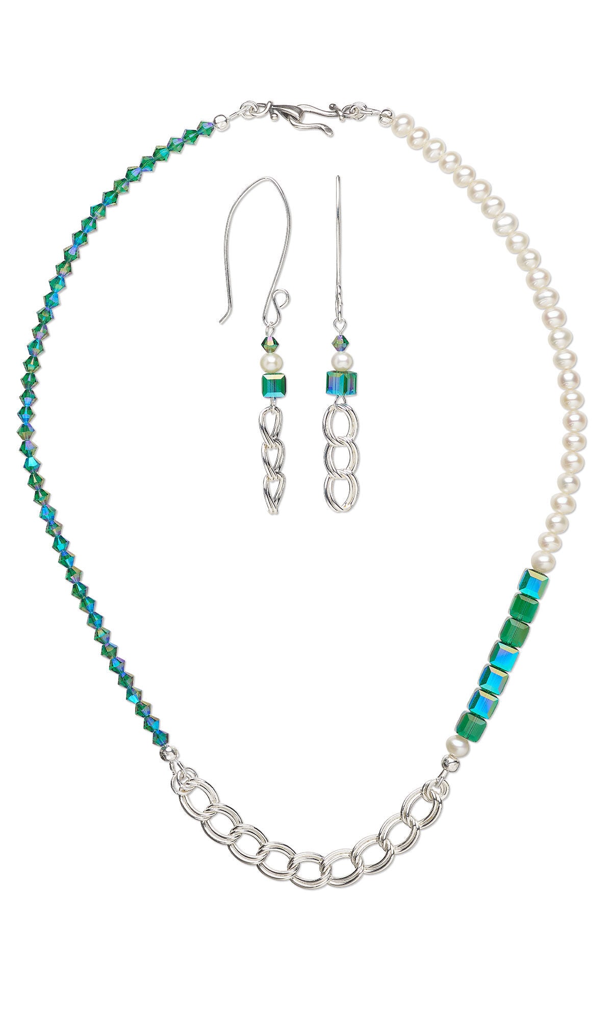 Design Idea S B 2 P &ndash; Necklace and earring set features large dark green crystal beads&mdash;bicone on one side and cubes on the other&mdash;and large silver chain.