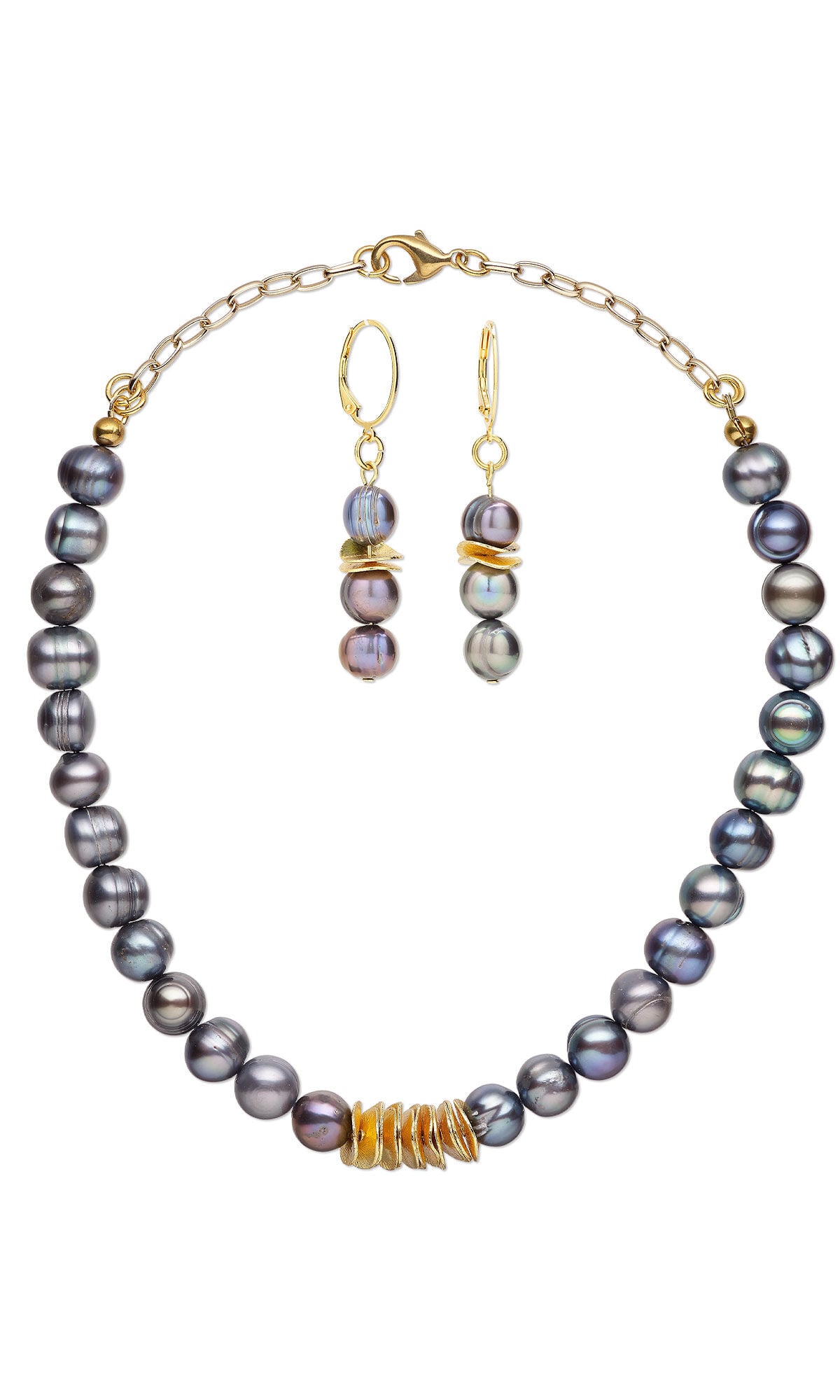 Design Idea R N 2 K  &ndash; Single-strand necklace and earring set features blue-violet pearls and gold wavy discs