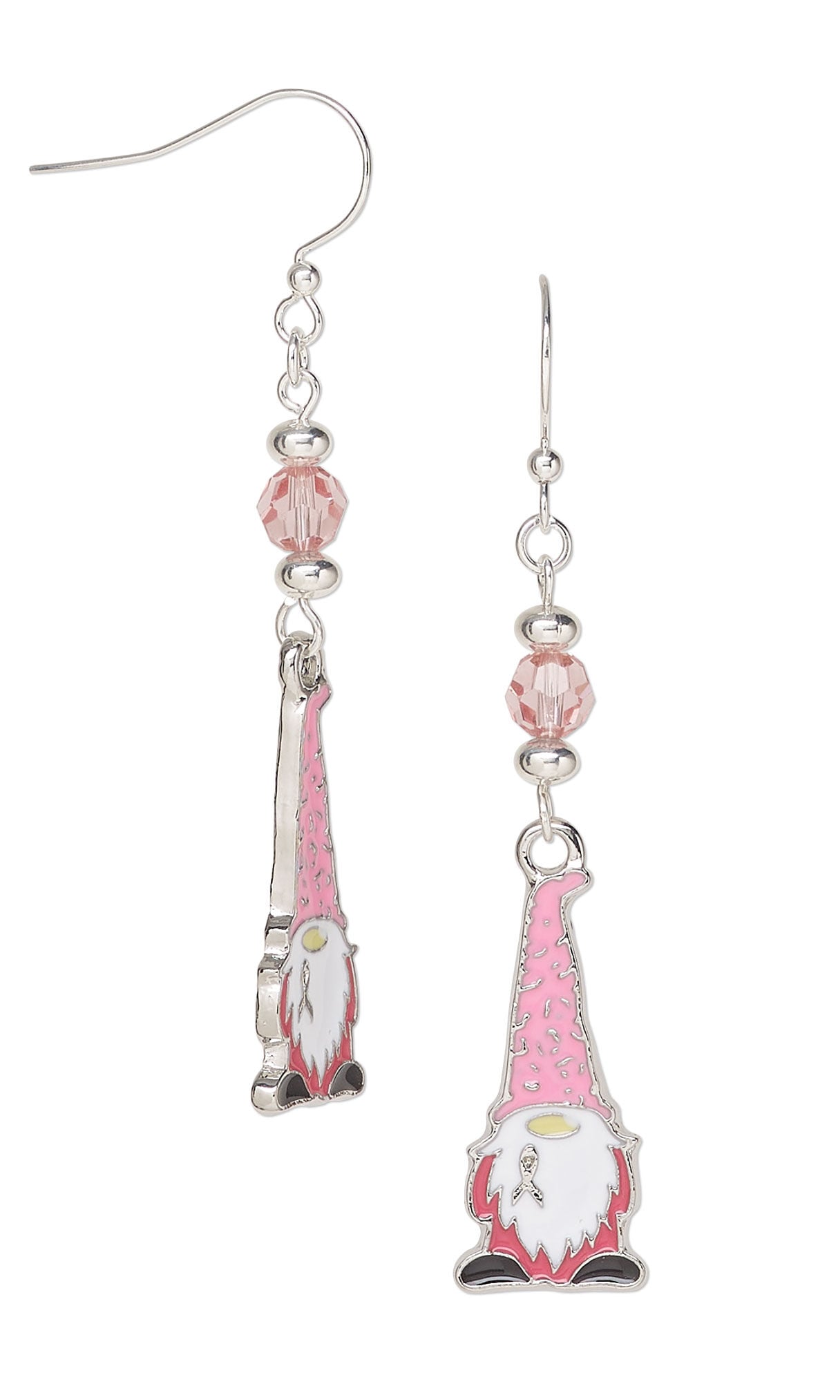 Design Idea S J 2 A &ndash; Silvery fishhook earrings each feature silver saucer and light pink crystal beads with pink awareness ribbon gnome charms beneath. 