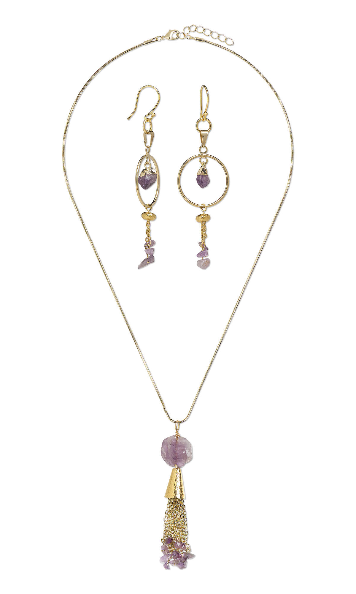 Design Idea R N 2 3 &ndash; Gold necklace has a large round amethyst bead. Below the bead is a gold-hued cone with the larger end pointing down. Gold chains dangle from the end of the cone, each ending in an amethyst chip bead. Earrings have round gold components with an amethyst bead in the center. Chains ending in amethyst beads hang from the bottom of the circle.