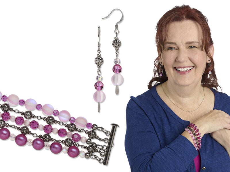 Model wearing a necklace and earrings made with glass beads