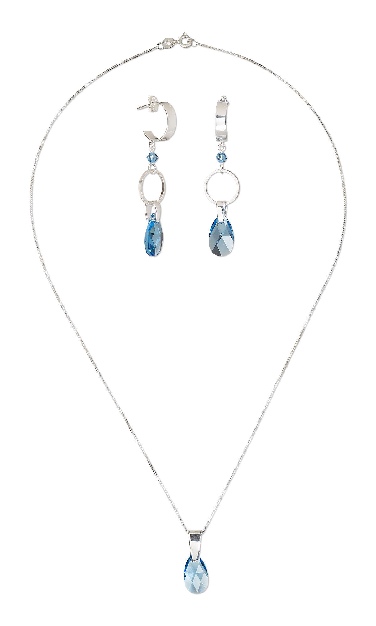 Chain necklace and earrings with a crystal pendant and silver findings.
