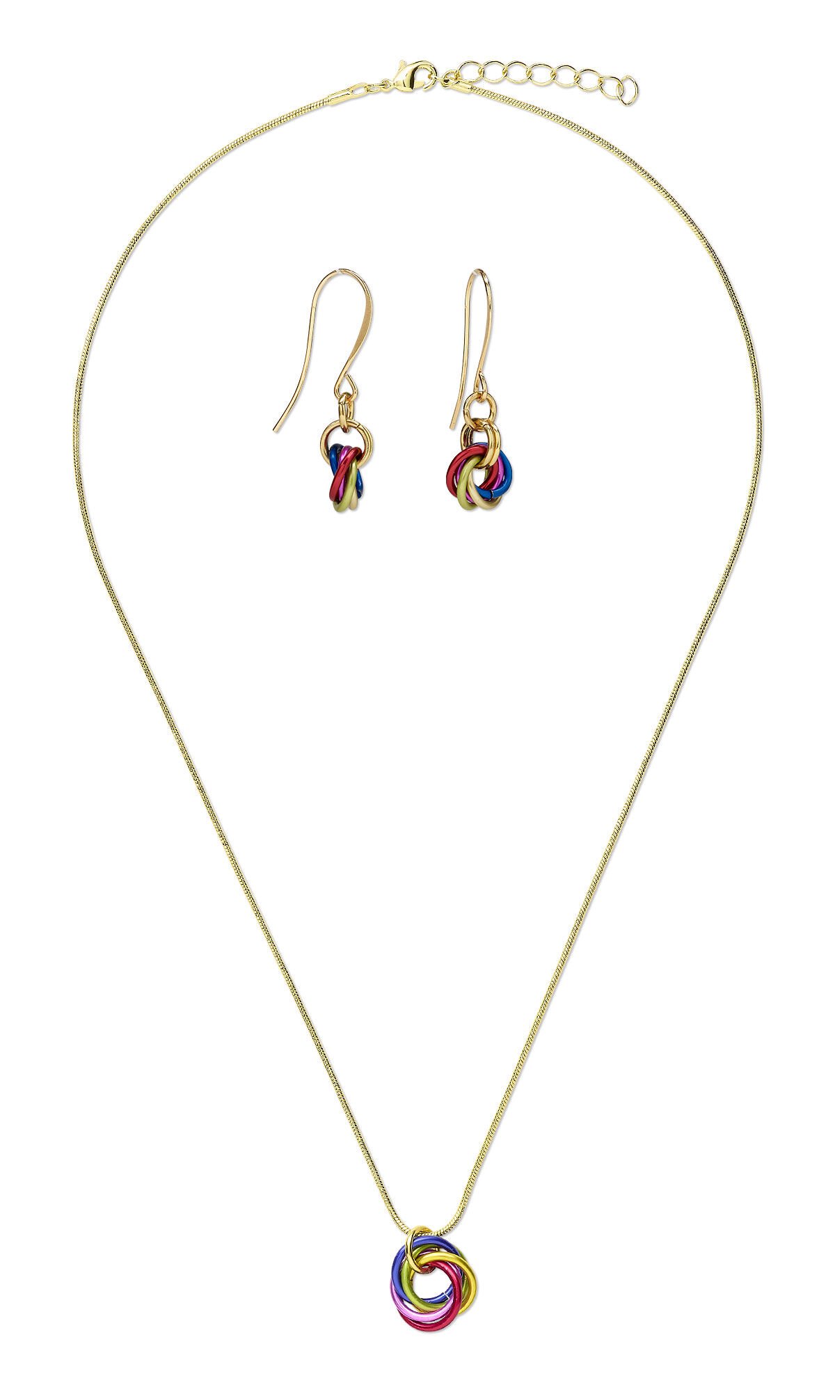 Design Idea Q F 3 9 – Five linked aluminum jump rings in different primary and secondary colors form the pendant for the simple chain necklace and drops for the fishhook earrings.