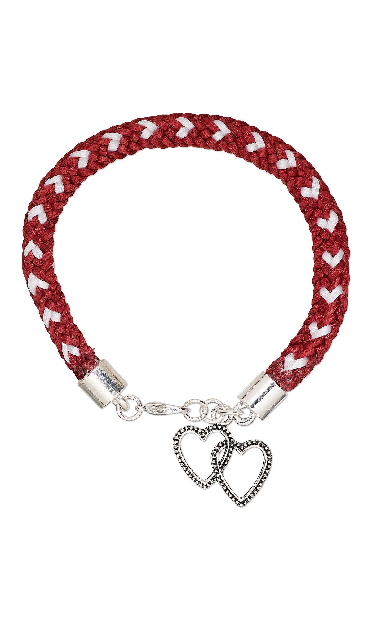 Design Idea R C 3 G - Red bracelet with white hearts and a charm featuring two interlocked silver hearts