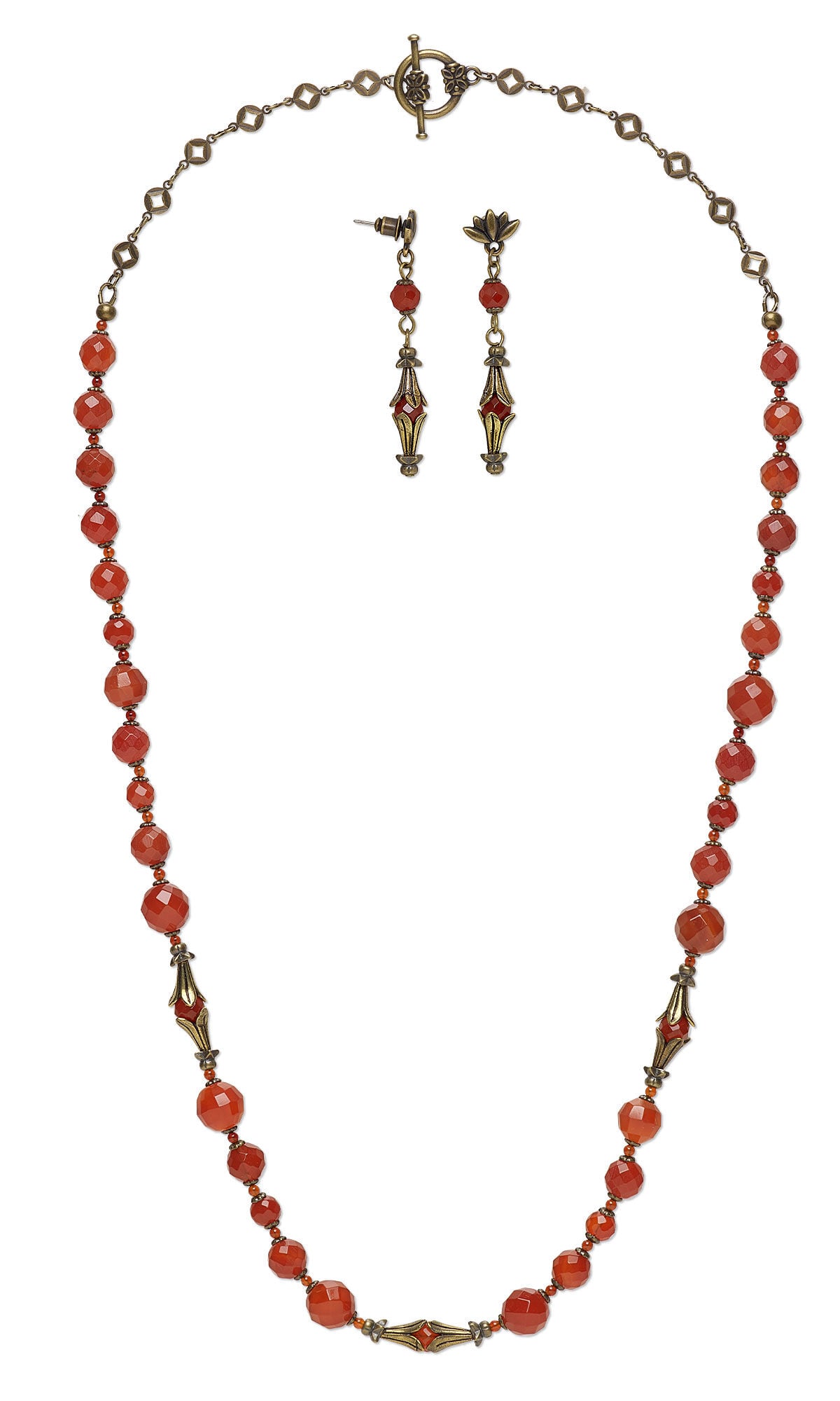Design Idea K A 0 4 &ndash; Long beaded necklace has a pattern of larger and smaller dark orange carnelian gemstone beads. In three places, the center and on either side, there is a single bead with long floral bead caps on both sides. Earrings match.